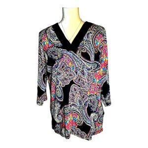 LRL Lauren Ralph Lauren Black Paisley Top Size 1X Boho V-neck